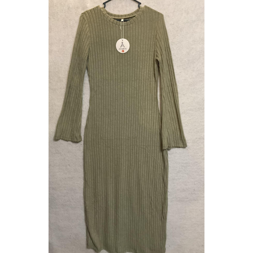 ANRABESS Sweater Dress Womens Large Green Ribbed Knit Long Sleeve Maxi New